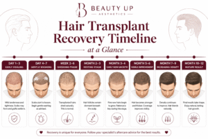 Hair transplant recovery timeline at a glance showing healing, shedding, new growth and mature results