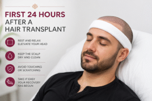Patient resting with head elevated during the first 24 hours after a hair transplant