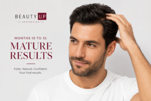 Mature hair transplant results with fuller natural-looking hair between months 10 and 12
