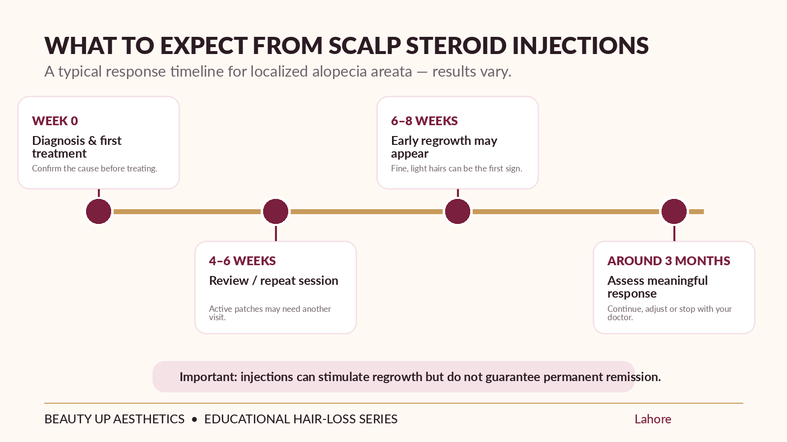 Timeline showing consultation, repeat scalp steroid injections and possible alopecia areata hair regrowth over three months