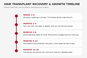 Hair transplant aftercare recovery timeline from day 1 to month 12