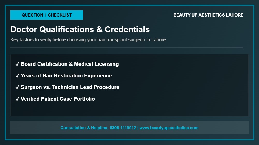 Hair transplant surgeon discussing doctor qualifications and consultation checklist in Lahore clinic