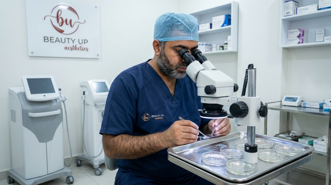 Prof. Dr. Mufassar Nishat inspecting micro follicular unit grafts under stereo microscope at Beauty Up Aesthetics Lahore