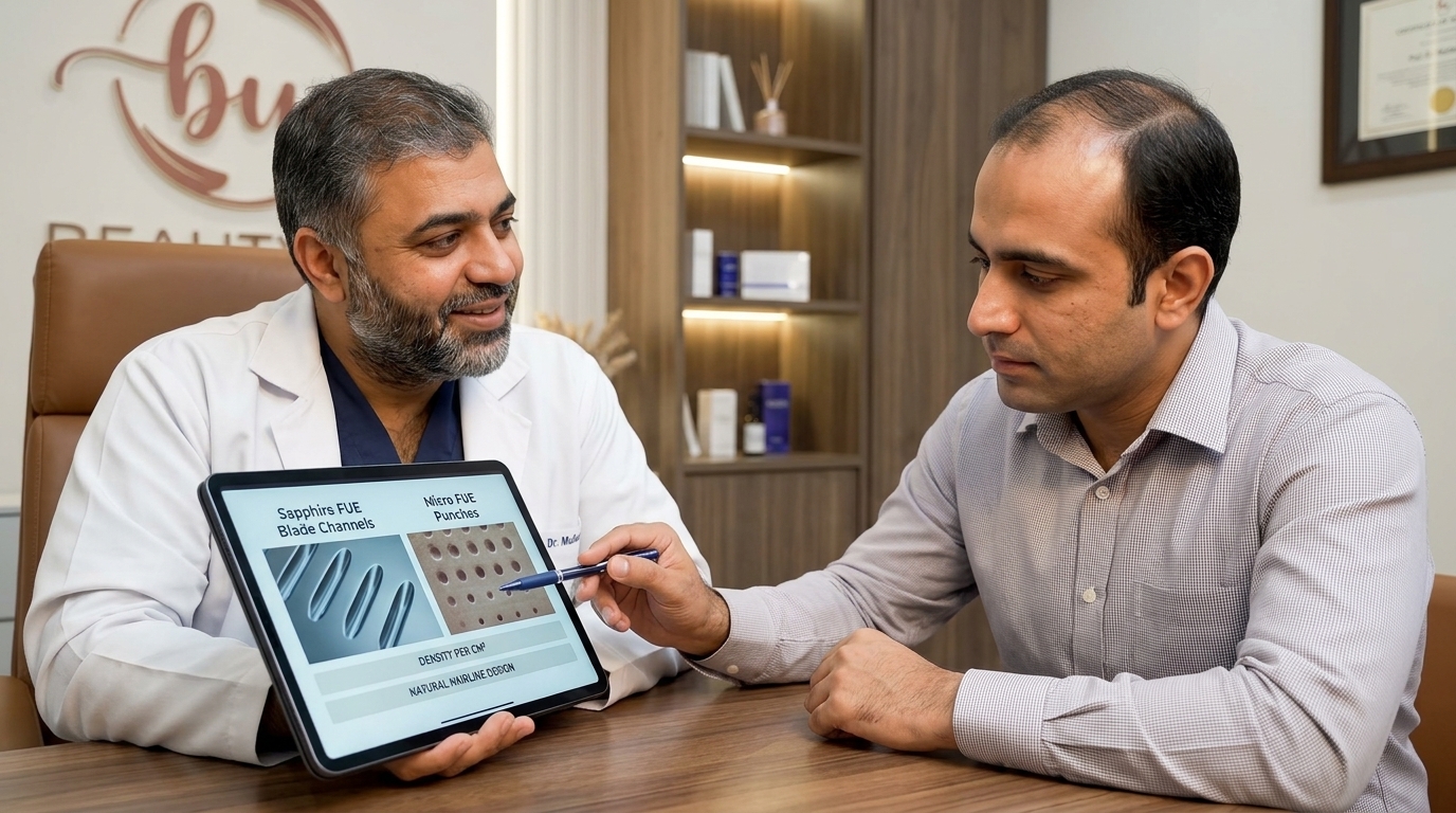 Prof. Dr. Mufassar Nishat conducting hair density and technique comparison consultation with a male patient at Beauty Up Aesthetics Lahore
