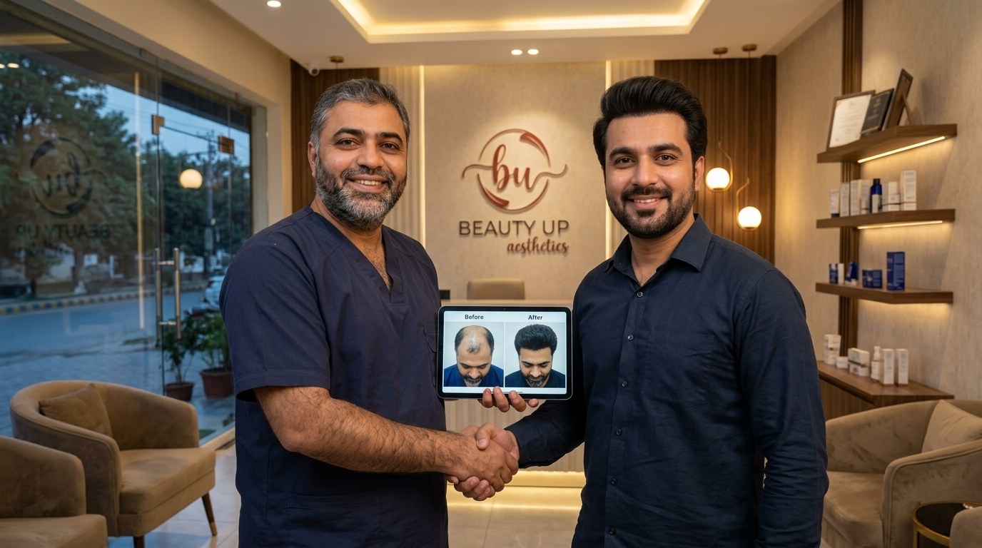 Prof. Dr. Mufassar Nishat reviewing dense natural hair transplant before and after results with a satisfied male patient in Lahore