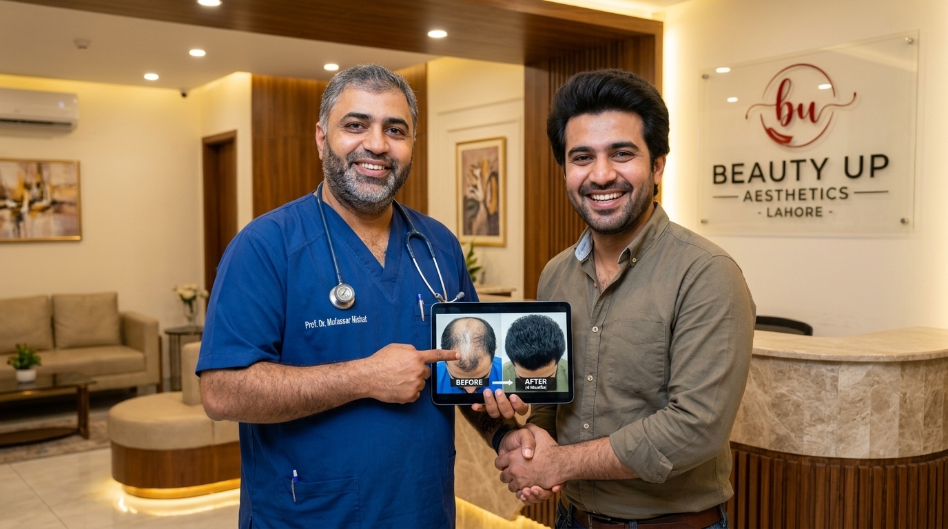 Prof. Dr. Mufassar Nishat reviewing dense natural hair transplant before and after results with a satisfied patient in Lahore
