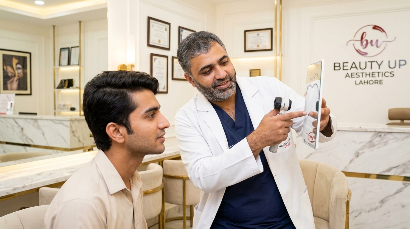 Prof. Dr. Mufassar Nishat conducting hairline dermatoscope consultation with a patient at Beauty Up Aesthetics Lahore