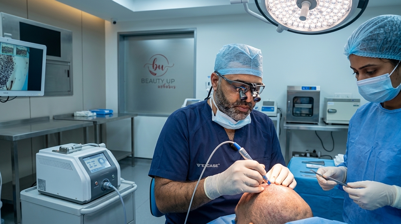 Prof. Dr. Mufassar Nishat performing precision Sapphire Micro FUE hair transplant in Lahore
