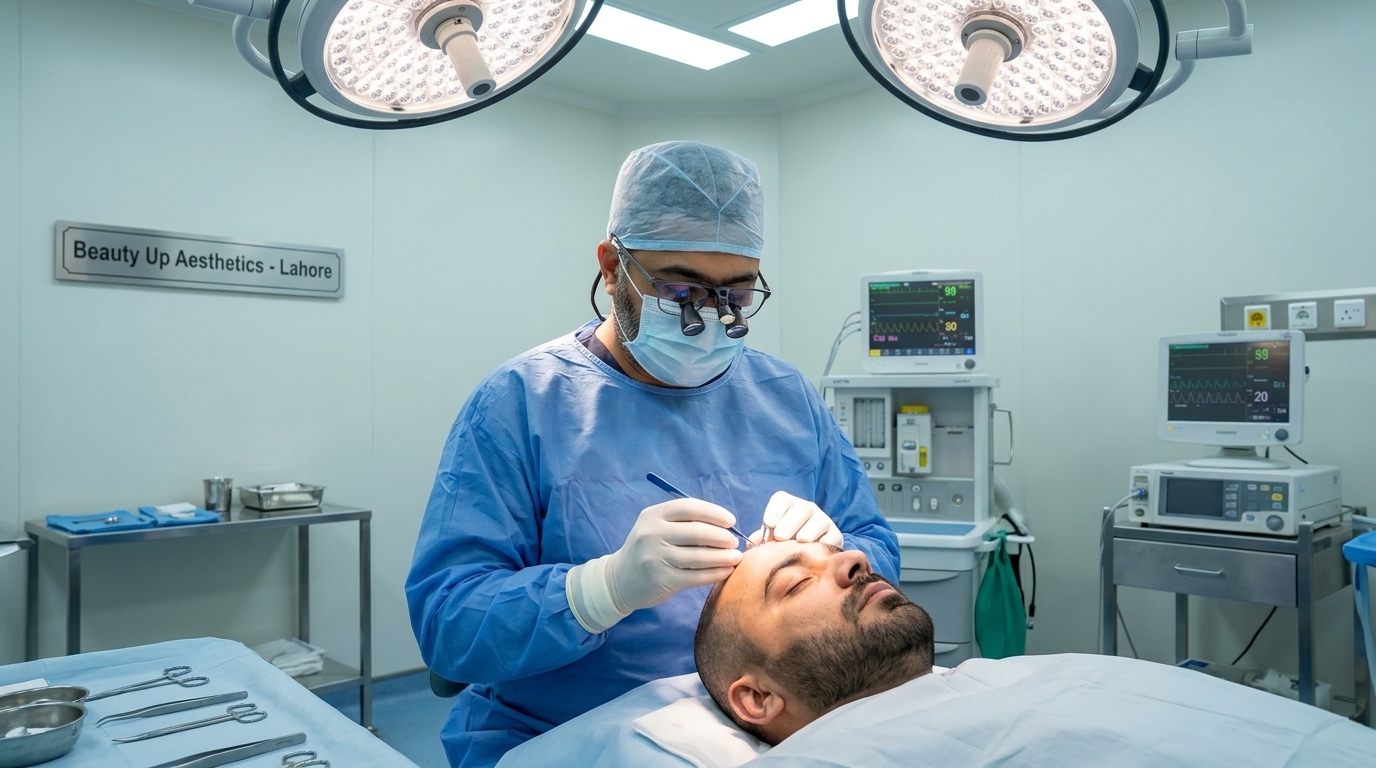 Prof. Dr. Mufassar Nishat performing precision Sapphire micro channel incisions in operating theatre at Beauty Up Aesthetics Lahore