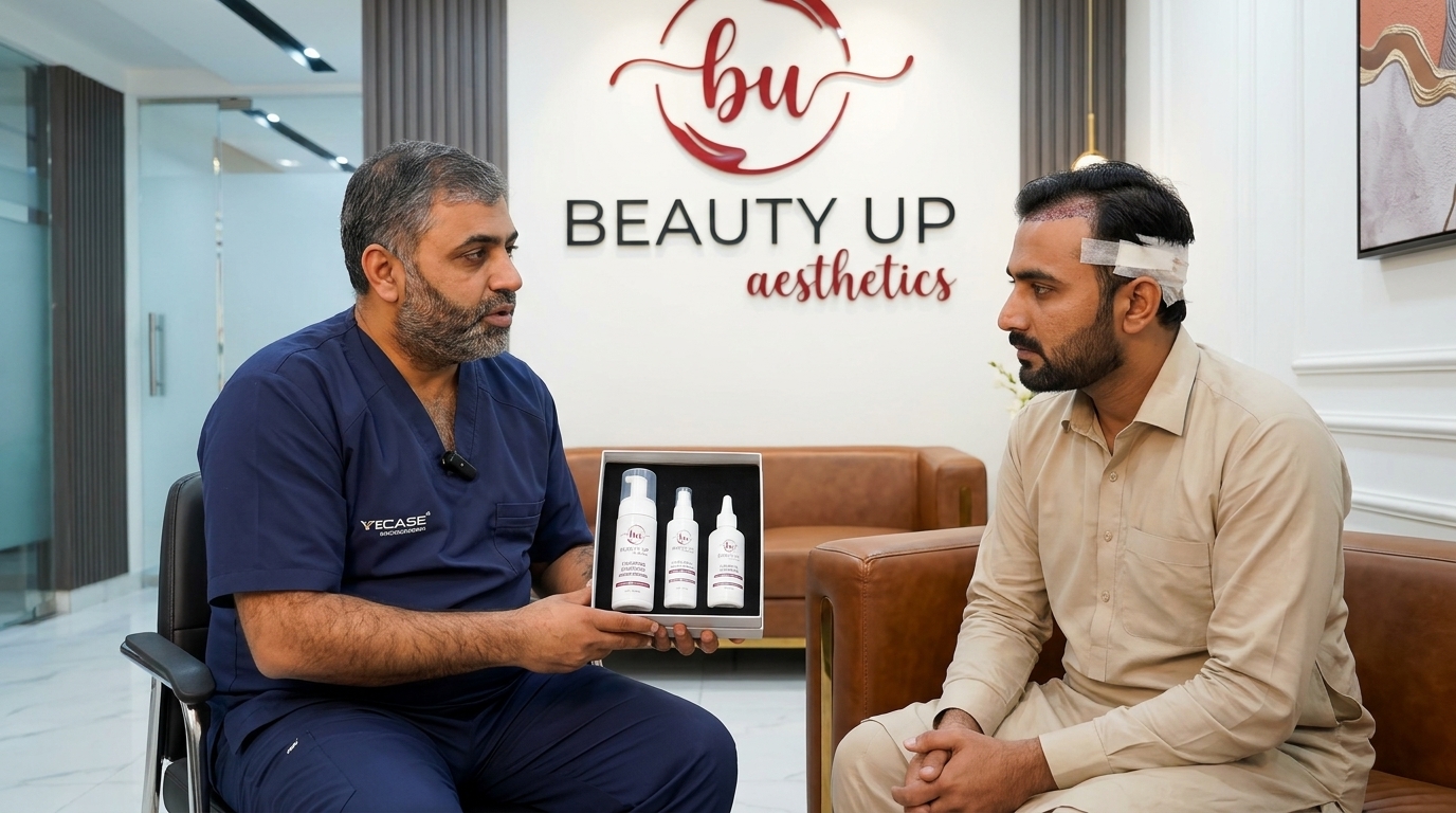 Prof. Dr. Mufassar Nishat demonstrating winter post-operative hair transplant wash and scalp care instructions to male patient