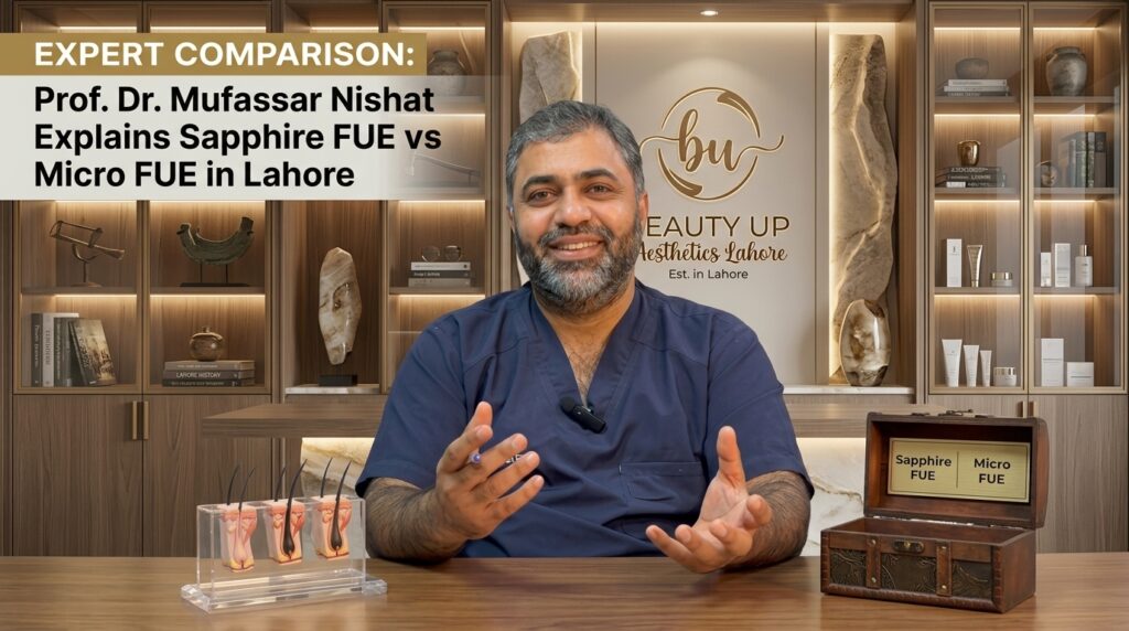 Prof. Dr. Mufassar Nishat explaining Sapphire FUE vs Micro FUE hair transplant in Lahore at Beauty Up Aesthetics