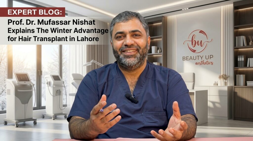 Prof. Dr. Mufassar Nishat explaining why winter is the best time for hair transplant in Lahore at Beauty Up Aesthetics
