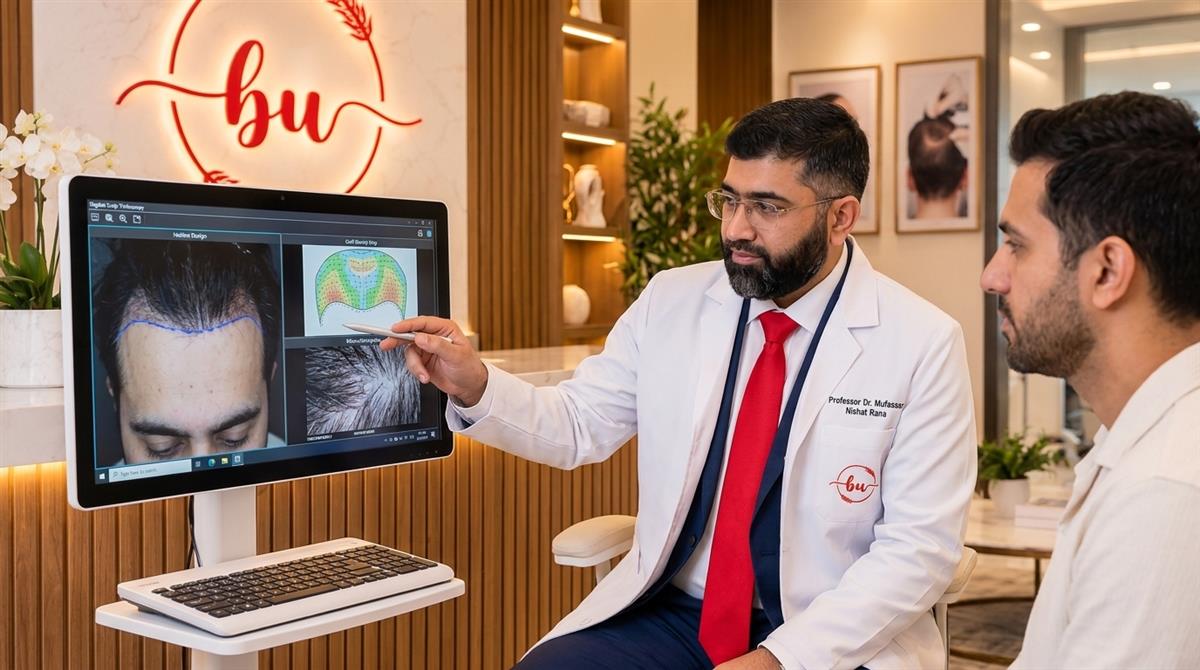 Prof. Dr. Mufassar Nishat evaluating hairline design and donor capacity during one-on-one consultation at Beauty Up Aesthetics Lahore