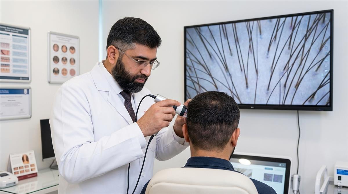 Prof. Dr. Mufassar Nishat inspecting follicular grafts under stereomicroscope in chilled preservation solution at Beauty Up Aesthetics