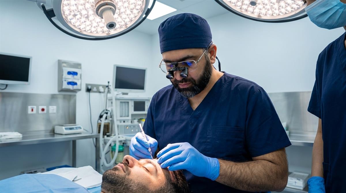 Prof. Dr. Mufassar Nishat creating precision recipient micro-slits under surgical magnification at Beauty Up Aesthetics Lahore