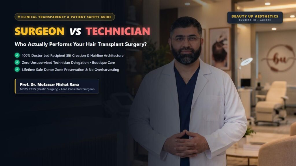 Prof. Dr. Mufassar Nishat Rana explaining Surgeon vs Technician in Hair Transplants at Beauty Up Aesthetics Lahore